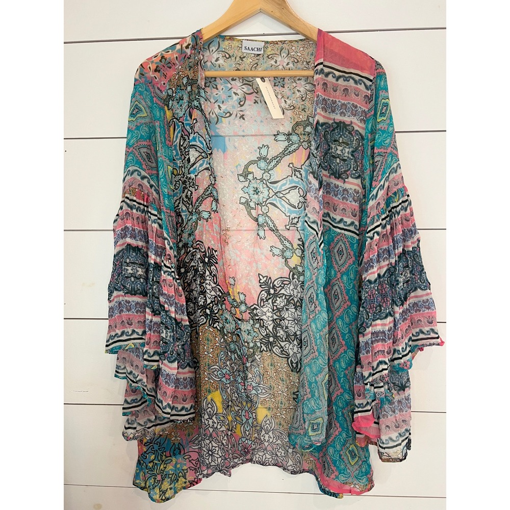 NWT Saachi Anthropologie Paisley Patchwork Kimono Wrap Bell‎ Sleeve OS Boho